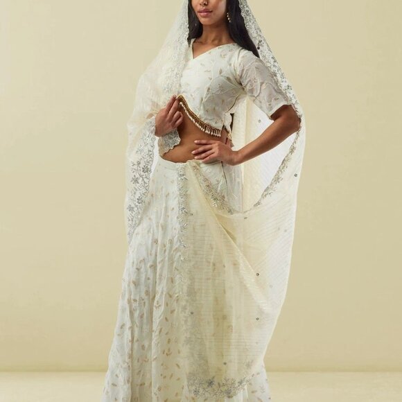 White Banarasi Georgette Lehenga with Lace | Muvvas Boutique - Picture 4 of 6